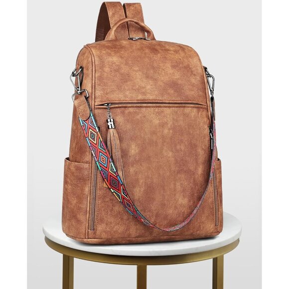 Women's Brown Retro Style Backpack Designer 15.6 inch PU Leather Laptop Bags - Picture 7 of 9